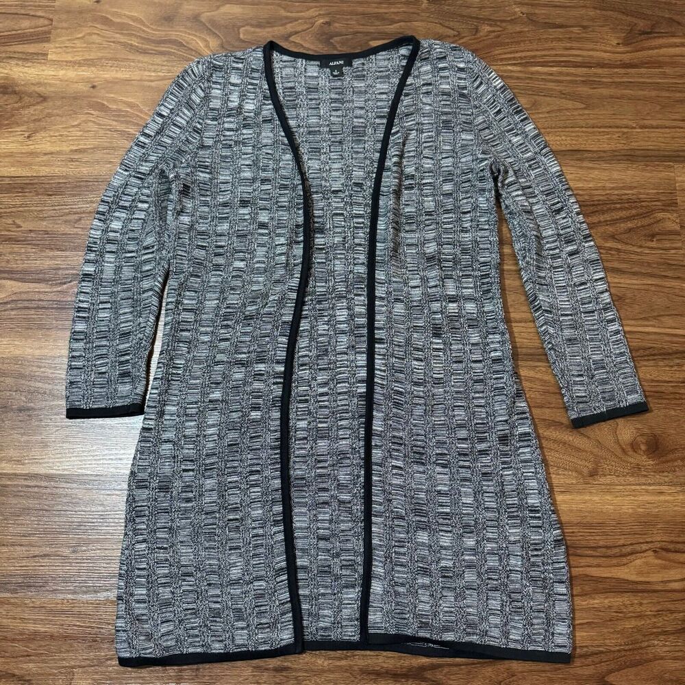Alfani Open Front 3/4 Sleeve Cardigan Gray Black Womens S Cotton Blend Sweater